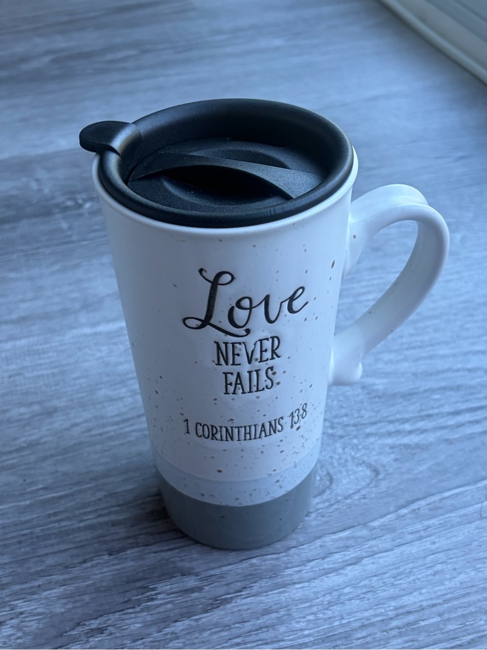 Love Never Fails Ceramic Travel Mug with Lid